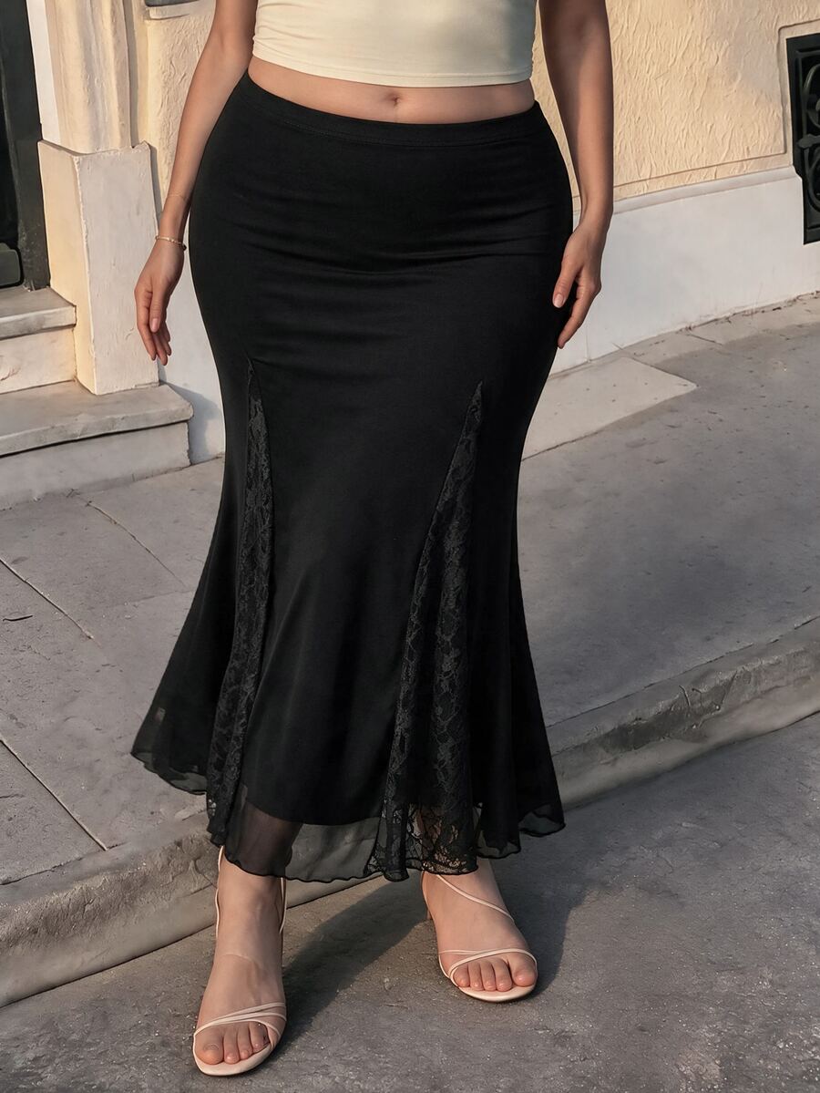 SHEIN MOD Plus Size High-Waisted Lace Patchwork Mermaid Mesh Vintage Skirt, School Skirt, Black Skirt, Bachelorette, Rave Festivals, Dinner Fall - Black - View 1