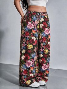 SHEIN MOD 大尺碼黑色花卉印花寬腿休閒牛仔褲 夏季波西米亞度假女款圖案長褲 優雅鄉村音樂會西式穿搭復古Y2K早午餐 - 紅色 - 查看 2