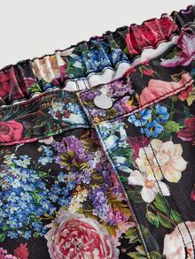 SHEIN MOD 大尺碼黑色花卉印花寬腿休閒牛仔褲 夏季波西米亞度假女款圖案長褲 優雅鄉村音樂會西式穿搭復古Y2K早午餐 - 紅色 - 查看 6