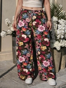 SHEIN MOD 大尺碼黑色花卉印花寬腿休閒牛仔褲 夏季波西米亞度假女款圖案長褲 優雅鄉村音樂會西式穿搭復古Y2K早午餐 - 紅色 - 查看 7