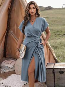 Ceyna Plus Size Casual Solid Color Batwing Tied Wrap Dress Maxi Women Outfit - Dusty Blue - View 1