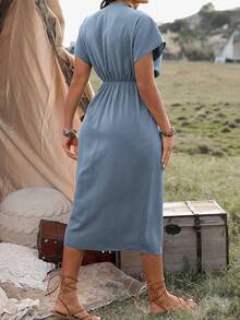 Ceyna Plus Size Casual Solid Color Batwing Tied Wrap Dress Maxi Women Outfit - Dusty Blue - View 2