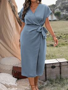 Ceyna Plus Size Casual Solid Color Batwing Tied Wrap Dress Maxi Women Outfit - Dusty Blue - View 4