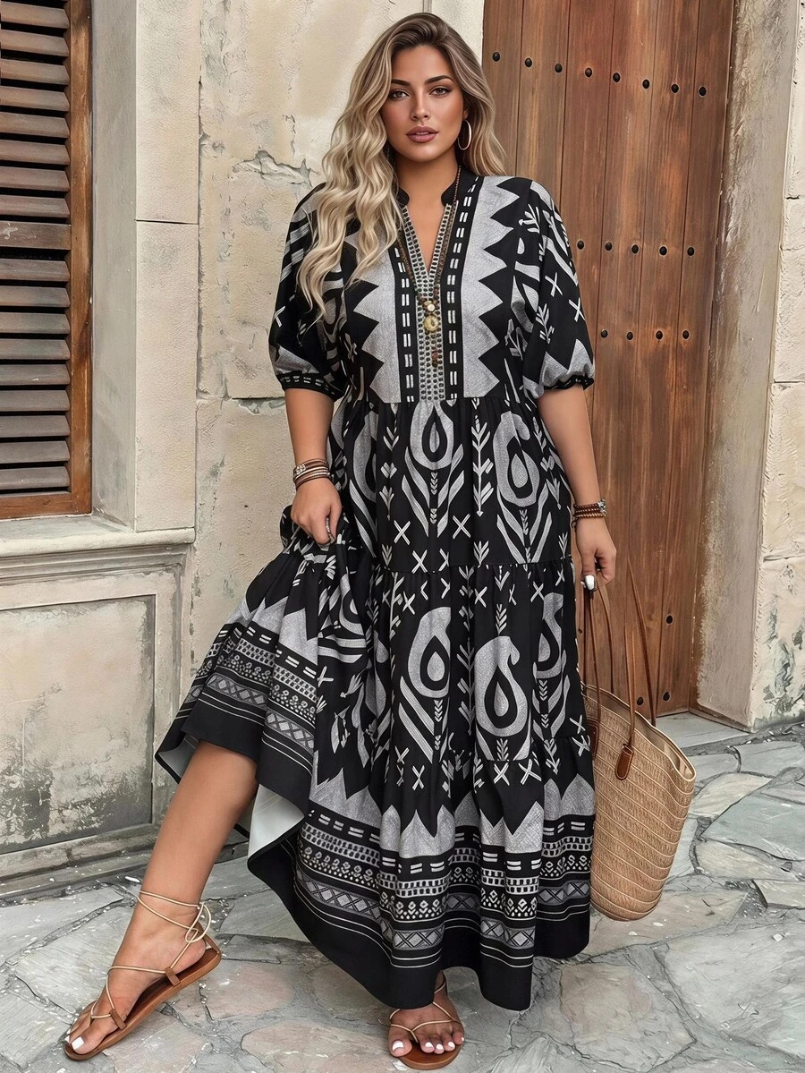 Ceyna Plus Size Black And White Boho 1960s Random Print A Line Long Dress For Women Notched Neck Three Quarter Puff Sleeve Flared Ruffle Hem Woven Fabric - Black - View 1