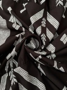 Ceyna Plus Size Black And White Boho 1960s Random Print A Line Long Dress For Women Notched Neck Three Quarter Puff Sleeve Flared Ruffle Hem Woven Fabric - Black - View 3