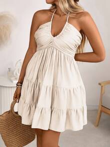 Ceyna Plus Size Boho Casual Celestial Spaghetti Strap Ruffle Hem Grey Cami Dress Vacation Outfit Beach Vacation Summer - Apricot - View 4