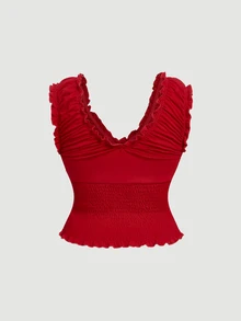 SHEIN MOD 大码复古红色褶皱短款青少年背心。女士休闲上衣 - 紅色 - 查看 3