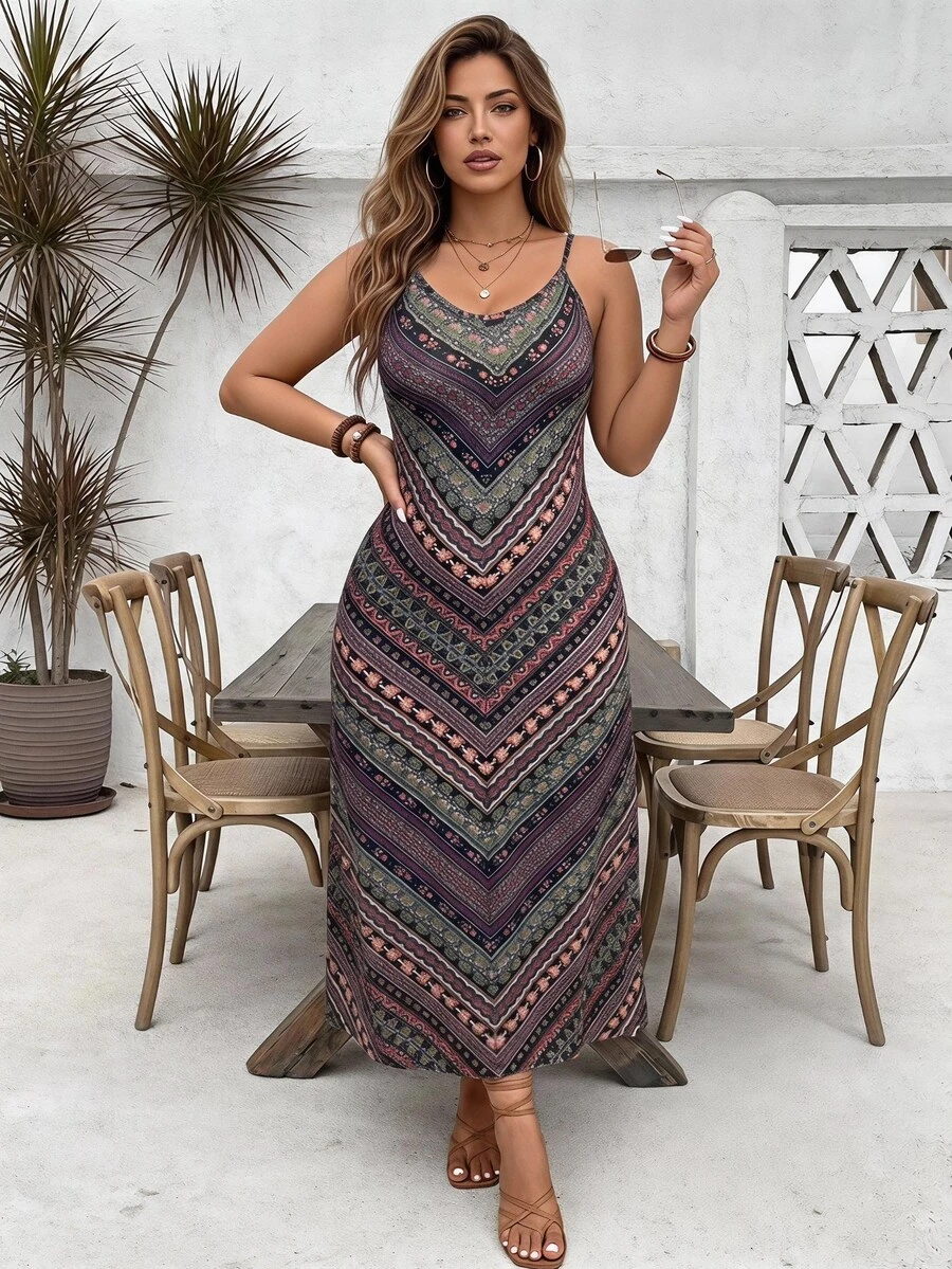 Ceyna 大码女式复古风格条纹印花细肩带连衣裙长款女式服装 - 彩色 - 查看 1
