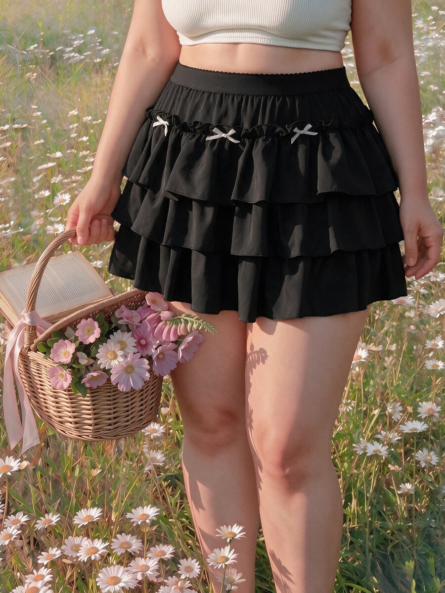 SHEIN MOD 大码女式黑色蝴蝶结蛋糕裙 - 黑色 - 查看 1