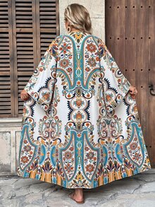 Ceyna Plus Size Women's New Elegant Multi-Color Striped Bohemian Style Colorful Paisley Pattern Open Front Long Sleeve Long Cardigan Outerwear Fall - Green - View 2