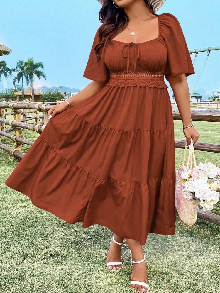 Vionelle Elegant Embroidered Plus Size Dress With Henley Neckline Maxi Women Outfit - Rust Brown - View 5
