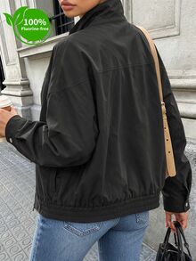 Ceyna 女款大尺碼復古西部休閒寬鬆工裝風短夾克，高立領，多鈕扣開襟，翻蓋口袋，黑色，秋季 - 黑色 - 查看 2