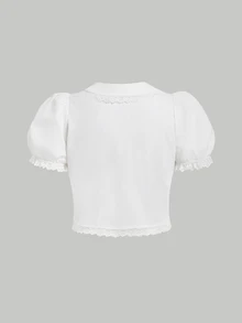 SHEIN MOD 大尺寸白色蕾絲裝飾泡泡短袖襯衫 - 白色 - 查看 3