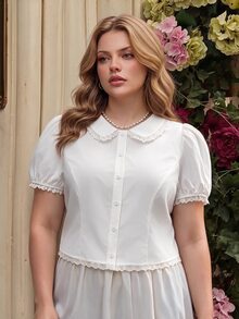 SHEIN MOD 大尺寸白色蕾絲裝飾泡泡短袖襯衫 - 白色 - 查看 4
