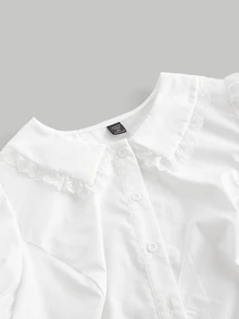 SHEIN MOD 大尺寸白色蕾絲裝飾泡泡短袖襯衫 - 白色 - 查看 6