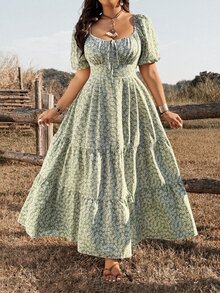 Ceyna 女款大尺碼鼠尾草綠碎花洋裝，夏季波西米亞休閒沙灘度假風，心形領、泡泡袖、百褶設計 - 綠色 - 查看 3
