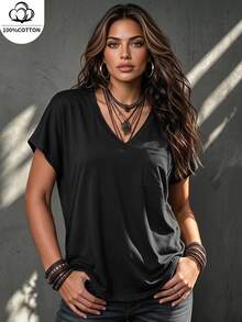 Vionelle Plus Solid Pocket Patched Batwing Sleeve Tee - Black - View 2