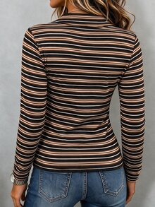 Ceyna 大尺碼女款法式休閒性感工裝秋季服飾 黑白拼接翻領長袖上衣 網布拼接修身T恤 復古晚裝 - 彩色 - 查看 2