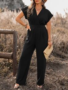 Ceyna Plus Size Women's Solid Color Simple Short Sleeve Jumpsuit For Daily Wear - Black - View 3