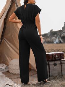 Ceyna Plus Size Women's Solid Color Simple Short Sleeve Jumpsuit For Daily Wear - Black - View 2