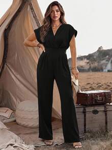 Ceyna Plus Size Women's Solid Color Simple Short Sleeve Jumpsuit For Daily Wear - Black - View 1