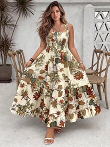 Ceyna 大尺碼女款米色夏季波希米亞休閒度假花卉印花洋裝，抓皺胸前細肩帶A字陽光裙，荷葉邊裙襬野餐度假風 - 彩色 - 查看 2