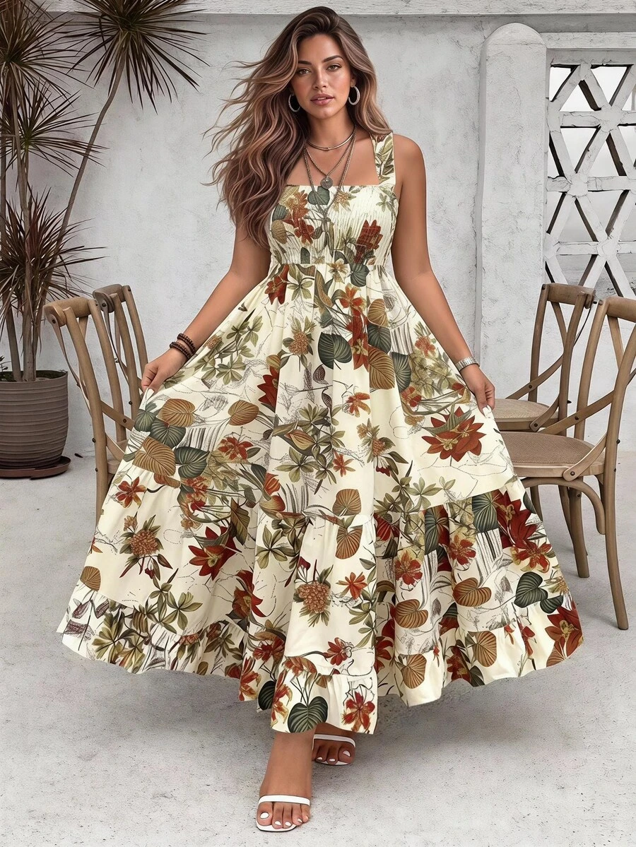 Ceyna 大尺碼女款米色夏季波希米亞休閒度假花卉印花洋裝，抓皺胸前細肩帶A字陽光裙，荷葉邊裙襬野餐度假風