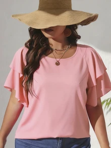 Flirla 大码女式浪漫双层荷叶边短袖宽松休闲百搭衬衫，适合日常穿着、度假、派对、节日，粉色女士上衣，女士度假装扮，女士优雅衬衫 - 粉色 - 查看 3