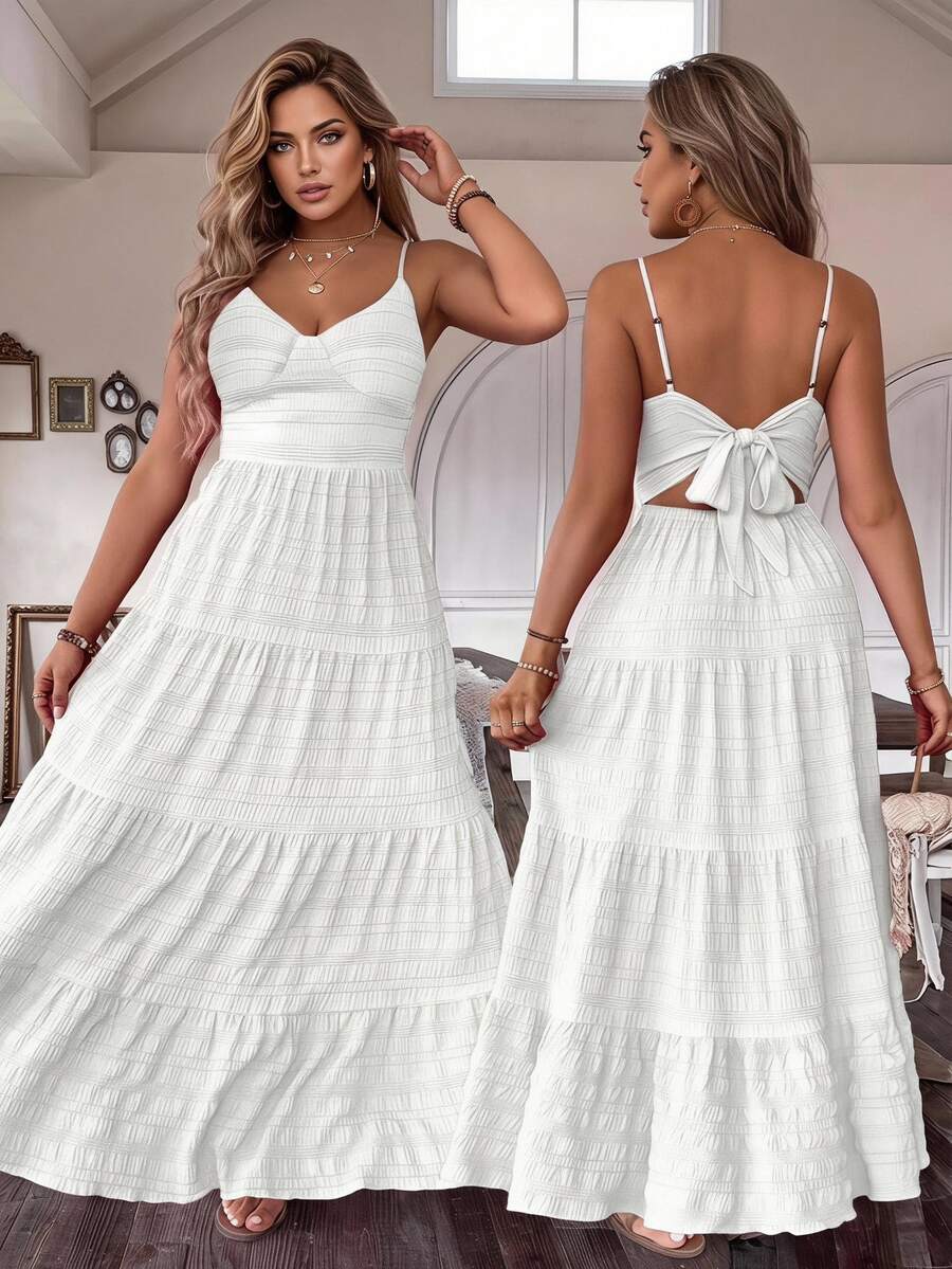 Flirla Vestido maxi de mujer de talla grande con múltiples volantes en el bajo, de unicolor, para el verano - Blanco - Ver 1