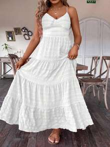 Flirla Vestido maxi de mujer de talla grande con múltiples volantes en el bajo, de unicolor, para el verano - Blanco - Ver 4