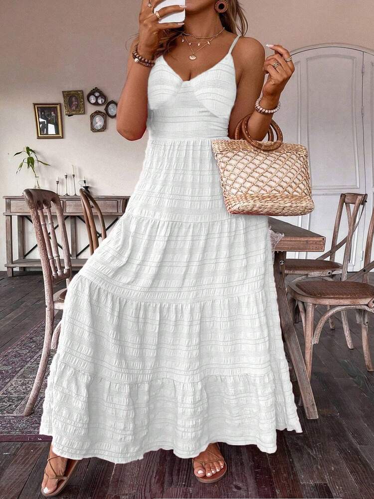 Ceyna Plus Size Women Summer Solid Color Multi-Layer Ruffled Hem Long Cami Dress Maxi Women Outfit - White - View 3
