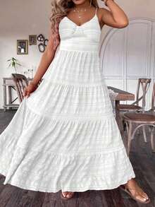 Flirla Vestido maxi de mujer de talla grande con múltiples volantes en el bajo, de unicolor, para el verano - Blanco - Ver 7