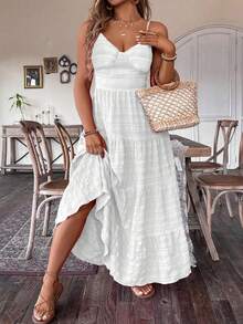 Flirla Vestido maxi de mujer de talla grande con múltiples volantes en el bajo, de unicolor, para el verano - Blanco - Ver 6