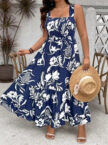 Ceyna Vestido largo estilo maxi con tirantes finos, volantes y estampado floral para mujer de talla grande - Multicolor - Ver 5
