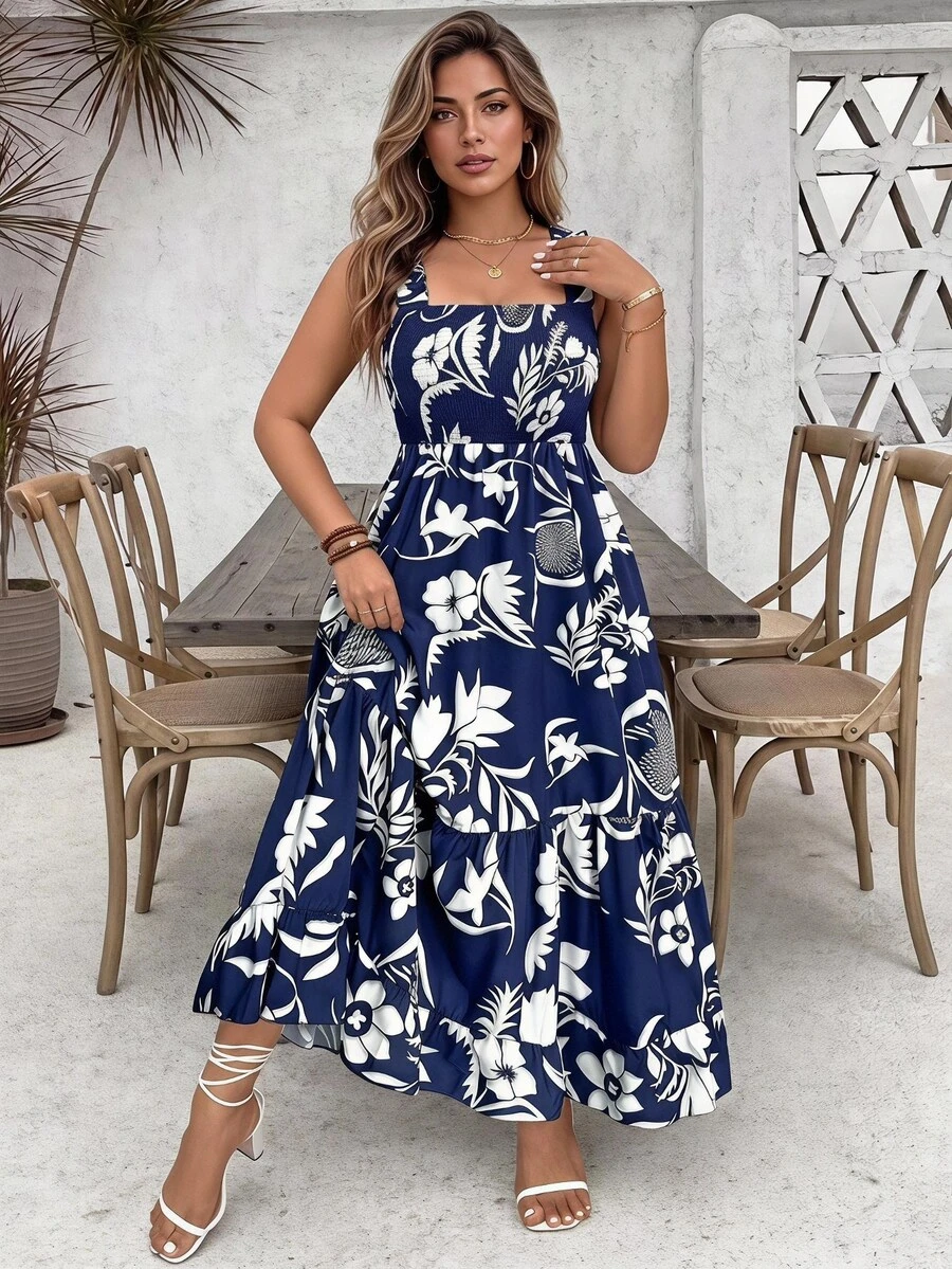 Ceyna Vestido largo estilo maxi con tirantes finos, volantes y estampado floral para mujer de talla grande - Multicolor - Ver 1