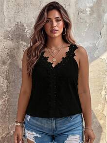 Vionelle Plus Size Patchwork Lace Wide Strap Top - Black - View 1