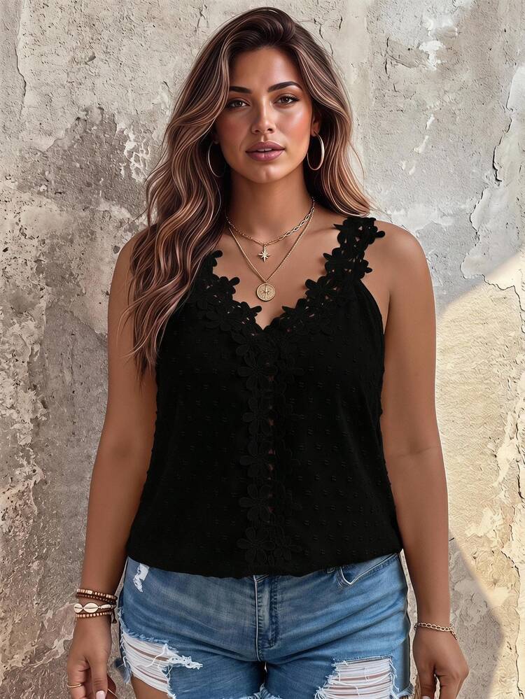 Vionelle Plus Size Patchwork Lace Wide Strap Top - Hitam - View 1