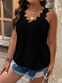 Vionelle Plus Size Patchwork Lace Wide Strap Top - Black - View 3