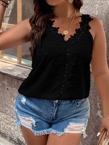 Vionelle Plus Size Patchwork Lace Wide Strap Top - Black - View 6