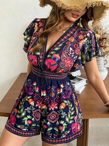 Ceyna 大码女式新款夏季波西米亚风复古印花连体裤，度假休闲连体裤，花卉复古印花喇叭袖和腰部设计，花卉短款连体裤，修身连体裤带口袋 - 彩色 - 查看 7