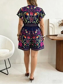 Ceyna 大码女式新款夏季波西米亚风复古印花连体裤，度假休闲连体裤，花卉复古印花喇叭袖和腰部设计，花卉短款连体裤，修身连体裤带口袋 - 彩色 - 查看 2