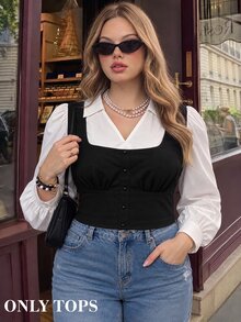 SHEIN MOD 大码撞色褶皱胸口长袖领衬衫 - 黑與白 - 查看 1