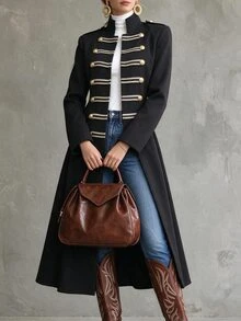 Omancia Elegant Vintage Napoleon Style Metal Button Stand Collar Black Mid-Length Coat - Black - View 4