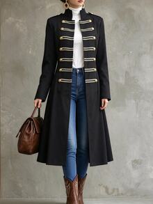 Omancia Elegant Vintage Napoleon Style Metal Button Stand Collar Black Mid-Length Coat - Black - View 3