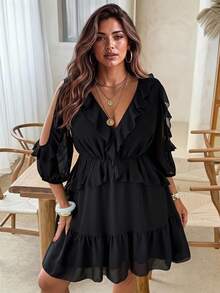 Ceyna 大尺碼女款夏季黑色荷葉邊V領七分袖多層A字洋裝 優雅秋季派對雞尾酒法式風 秋季新年新款 - 黑色 - 查看 2