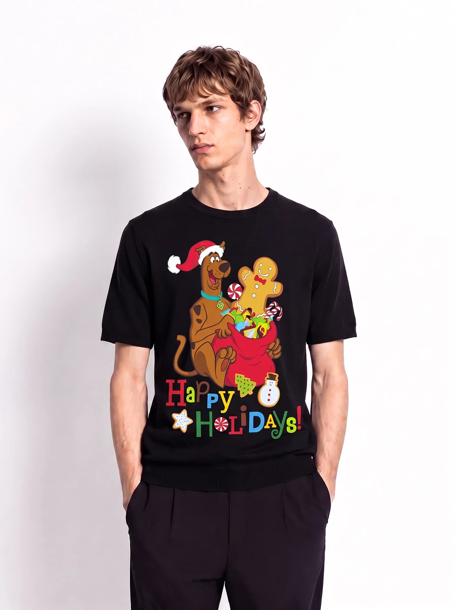 SCOOBY-DOO X SHEIN تي شيرت رجالي كاجوال برقبة دائرية وأكمام قصيرة لعيد الميلاد - الأسود - مشاهدة 1