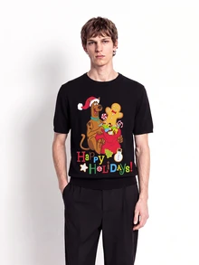 SCOOBY-DOO X SHEIN تي شيرت رجالي كاجوال برقبة دائرية وأكمام قصيرة لعيد الميلاد - الأسود - مشاهدة 5