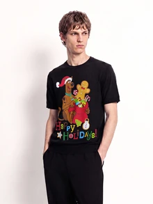 SCOOBY-DOO X SHEIN تي شيرت رجالي كاجوال برقبة دائرية وأكمام قصيرة لعيد الميلاد - الأسود - مشاهدة 7