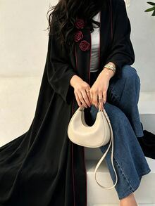 Mulvari Black 3D Rose Decor Red Contrast Trim Loose Long Elegant Commute Date Party Women's Abaya - Burgundy - View 3