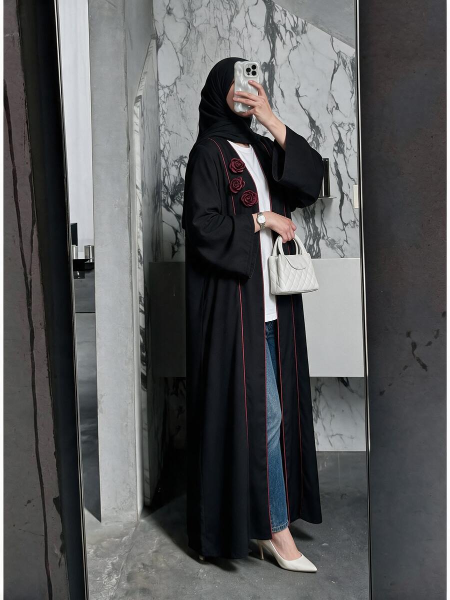 Mulvari Black 3D Rose Decor Red Contrast Trim Loose Long Elegant Commute Date Party Women's Abaya - Burgundy - View 1
